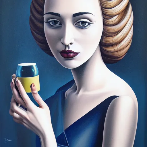 Prompt: a painting of a woman, an ultrafine detailed painting by rafal olbinski, behance contest winner, pop surrealism, detailed painting, very detailed, minimalist, skeuomorphic, airbrush art