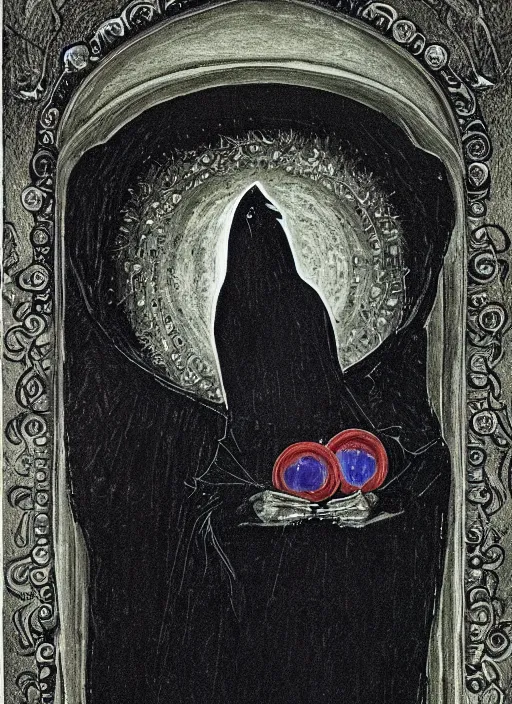 Prompt: portrait of a raven in a vantablack cloak and holding a symbolic weapon. portrait hung up in a windows 9 8 castle. r / oldschoolfantasy