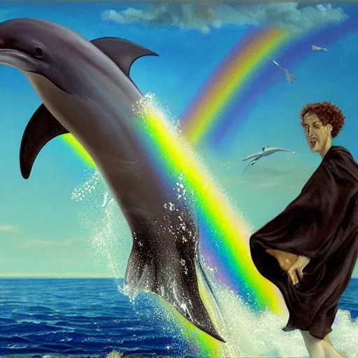 Prompt: a hyper realistic painting of the grim reaper on the back of a dolphin that is jumping over a rainbow, by james c christensen,