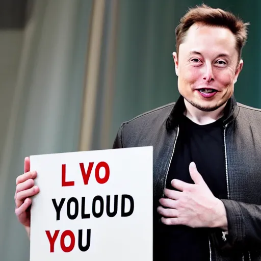 Image similar to Elon Musk holding a sign saying I Love You, highly detailed, high quality, HD, 4k, 8k, Canon 300mm, professional photographer, 40mp, lifelike, top-rated, award winning, realistic, sharp, no blur, edited, corrected, trending