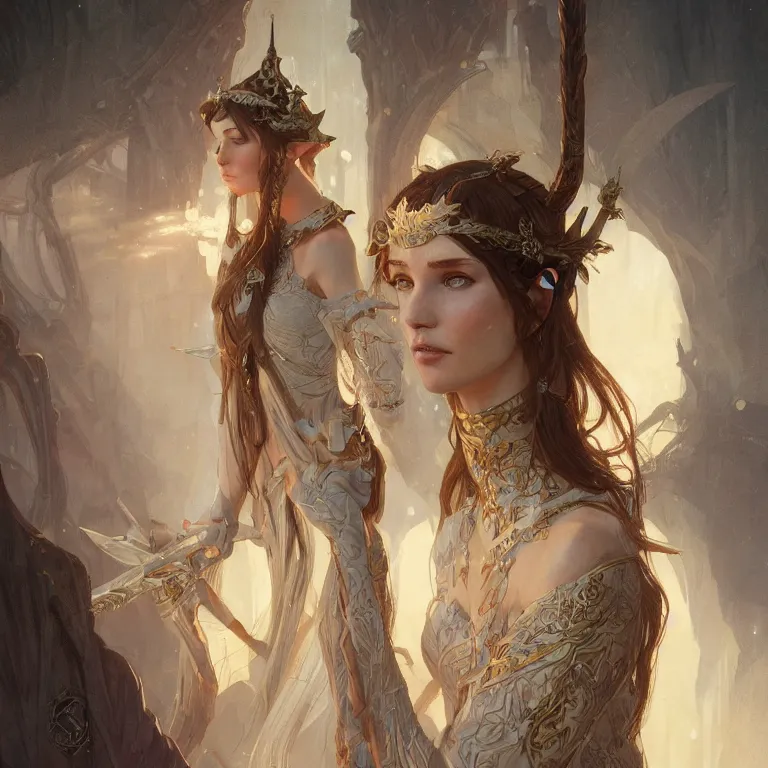 Image similar to portrait of an elf queen, D&D, fantasy, highly detailed, digital painting, artstation, concept art, smooth, sharp focus, illustration, art by greg rutkowski and alphonse mucha