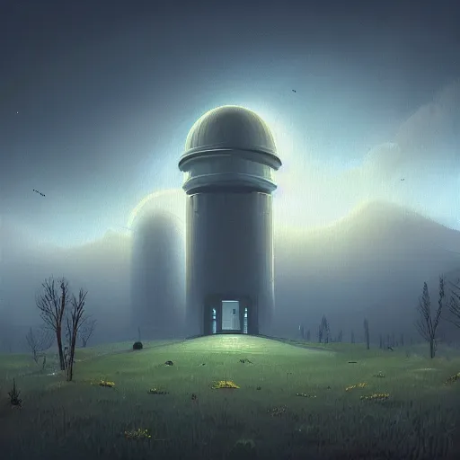 Image similar to beautiful painting of a white observatory in the cloudy dreams of a mainframe in the style of Simon Stålenhag and H. R. Giger, detailed, trending on Artstation