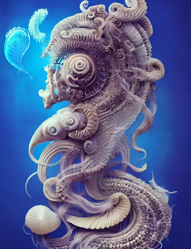 Image similar to 3 d goddess nautilus half - turn portrait with long hair with ram skull. beautiful intricately detailed japanese crow kitsune mask and clasical japanese kimono. betta fish, jellyfish phoenix, bio luminescent, plasma, ice, water, wind, creature, artwork by tooth wu and wlop and beeple and greg rutkowski