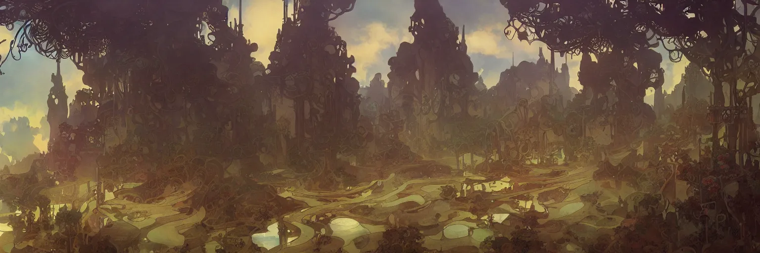 Image similar to A beautiful landscape painting of steampunk landscape by Alfons Maria Mucha and Julie Dillon and Makoto Shinkai