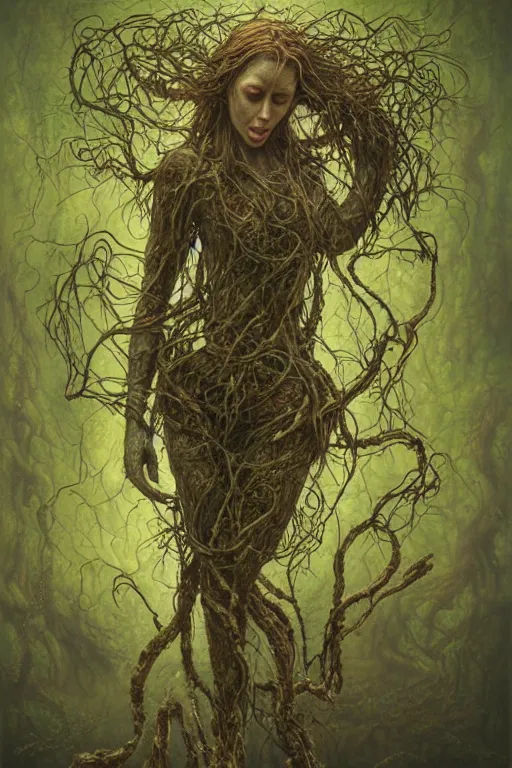 Image similar to deformed female swamp dancer twisted in vines and sludge by tomasz alen kopera.