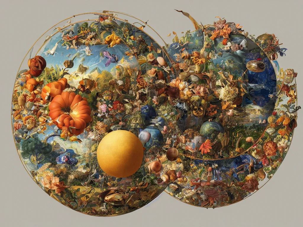 Image similar to 3 d render, sunlight study, the universe is a spheroid region 7 0 5 meters in diameter, art nouveau, by cornelis de heem and maria sibylla merian and ( ( ( ( ( lisa frank ) ) ) ) ), 8 k, sharp focus, octane render