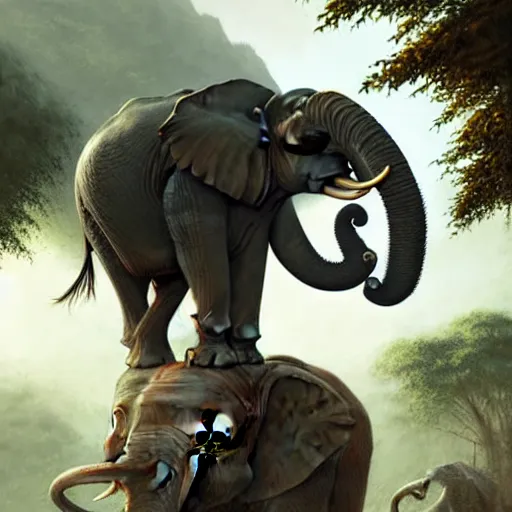 Image similar to a viking riding an elephant in a jungle, digital art, art by greg rutkowski, artstation, deviantart, highly detailed, photorealistic, fantasy art, clean, western comic art, award winning commission