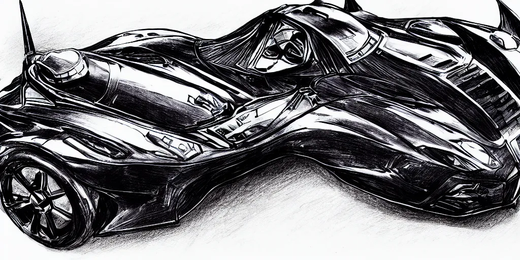 Image similar to ballpoint pen drawing of the batmobile, batman, arkham knight