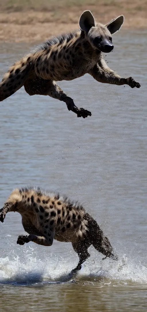 Image similar to a hyena jumping over a river