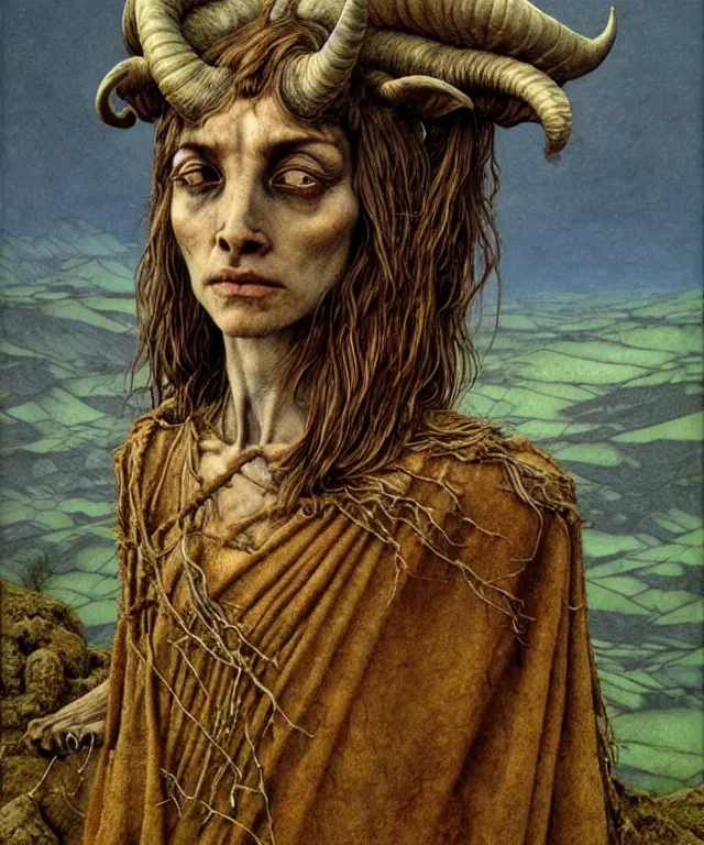 Prompt: A detailed horned goatwoman stands among the hills. Wearing a ripped mantle, robe. Perfect faces, extremely high details, realistic, fantasy art, solo, masterpiece, art by Zdzisław Beksiński, Arthur Rackham, Dariusz Zawadzki