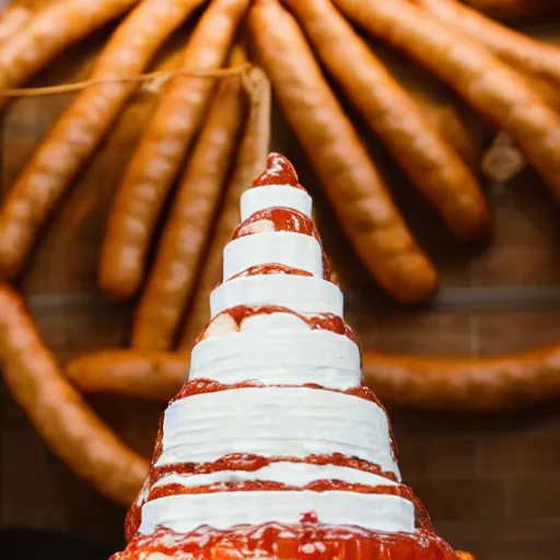 Prompt: a wedding cake made entirely out of sausages with ketchup sauce. During wedding. Highly detailed 8k