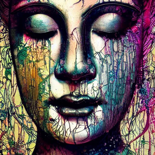 Image similar to contented female bodhisattva, praying meditating, realism, elegant, intricate, close up, portrait photograph by Carne Griffiths and David Cronenberg