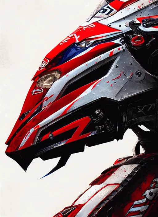 Image similar to portrait epic armored motogp bike with red blu and white accent. highly detailed, digital painting, concept art, smooth, sharp focus, illustration, art by greg rutkowski