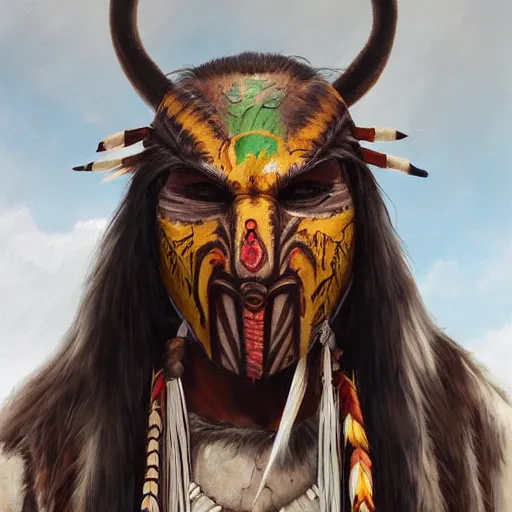 Image similar to painting portrait of a native american wearing a predator face mask, artstation, ultra detailed