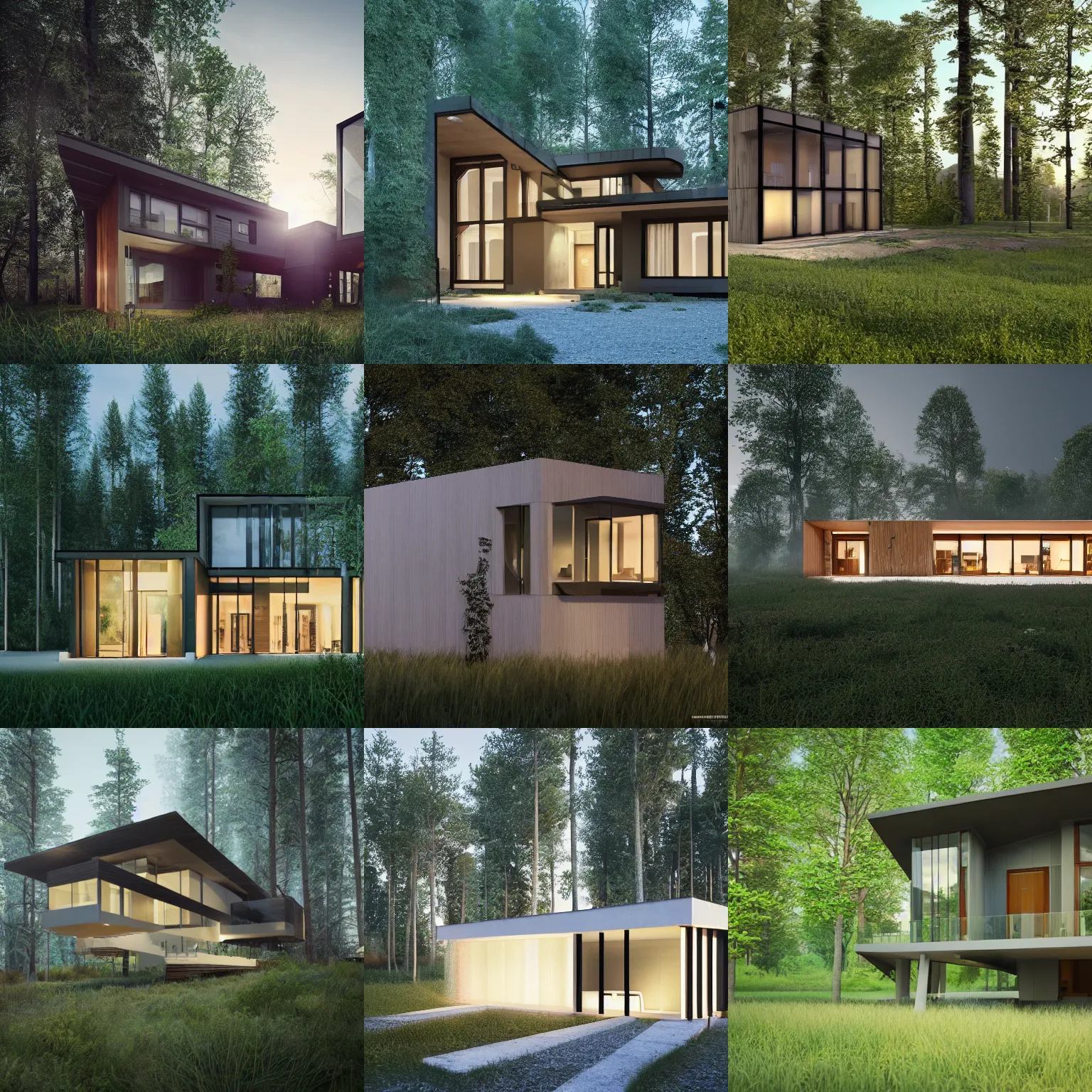 Prompt: a house in the middle of the forest, lights inside, contemporary architecture, architecture render, unreal engine, detailed