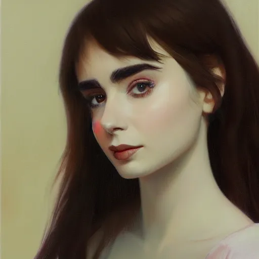 Image similar to of an ultradetailed beautiful portrait panting of lilly collins, front view, oil painting, by ilya kuvshinov, greg rutkowski and makoto shinkai