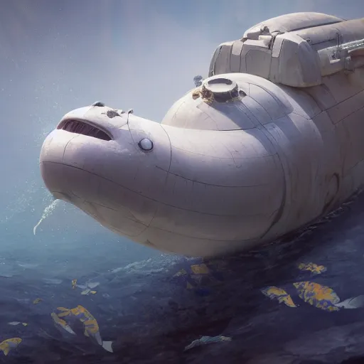 Image similar to subsurface scattering, white, giant submarine, koi colors only, octane render, jesper ejsing, justin gerard, james jean, tomasz alen kopera, cgsociety, fenghua zhong, makoto shinkai, highly detailed, rim light, art, cinematic lighting, very coherent, hyper realism, 8 k