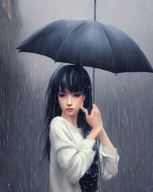 Image similar to A ultradetailed beautiful portrait panting of a stylish girl with an umbrella, rainy day, Oil painting, by Ilya Kuvshinov, Greg Rutkowski and Makoto Shinkai