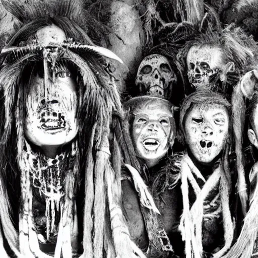 Prompt: photo of a tribal horror faces in the eternal dream of death body