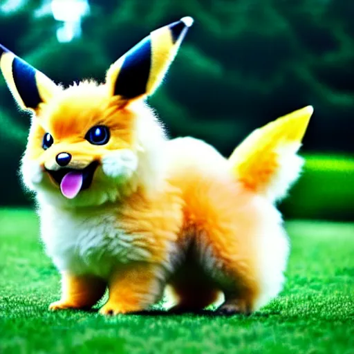 Image similar to real life pokemon, cute!!!, content!!!, mischievous!!!, adorable!!!, fluffy!!!, ultra realistic!!!, golden hour, wide shot, sharp focus