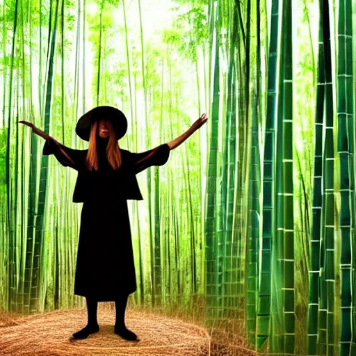 Image similar to a witch has turned her head into bamboo, standing in front of a mirror laughing