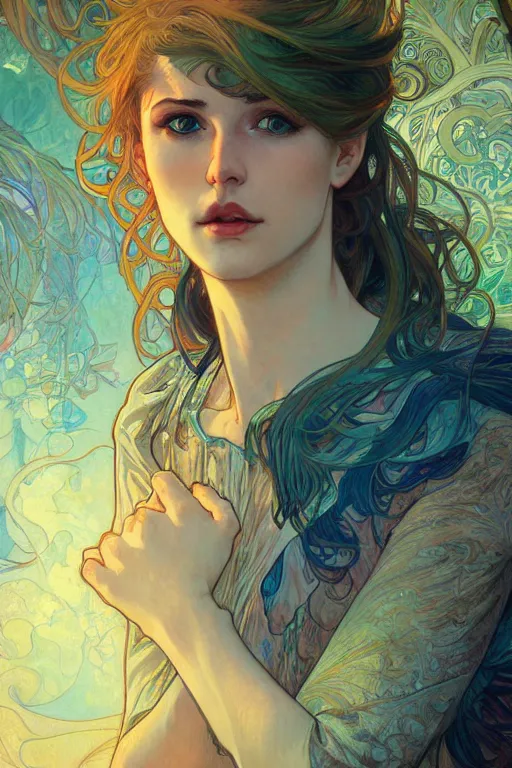 Prompt: portrait of a brooding person, ambient lighting, 4k, josephine wall, alphonse mucha, lois van baarle, ilya kuvshinov, rossdraws, artstation