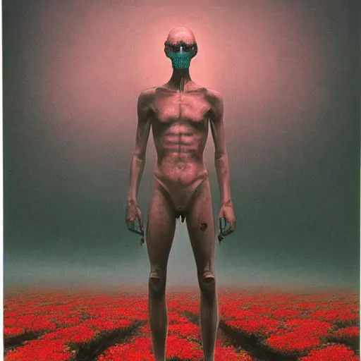 Image similar to a dystopian 3 5 mm 1 9 8 0 s full body portrait of a p - zombie!!! natural lighting art dawn. highly detailed. colourful. moody. artstation, 4 k, by gerald brom zdzisław beksinski, and ansel adams and studio ghibli, horror, lots of sakura!!! flowers!!!, lovely