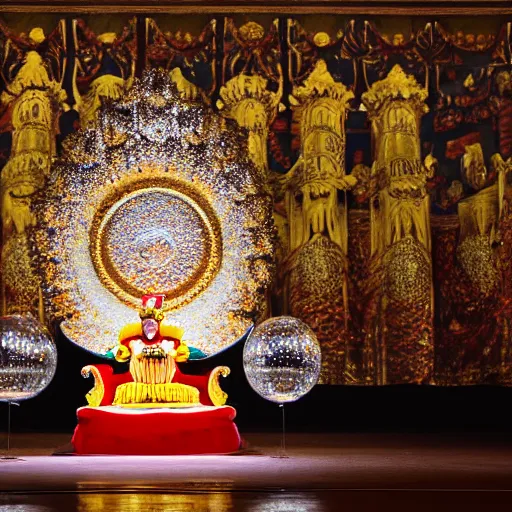 Image similar to shining majestic throne made of millions of diamonds, gold and zaphires with thousands of light reflections, and a stupid clown is sitting on the throne while handind a globe, 4 k