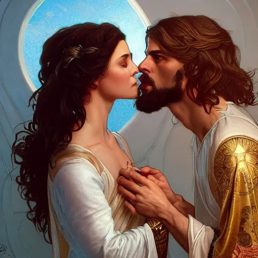 Image similar to 1 8 th jesus kissing a woman, intricate, elegant, highly detailed, digital painting, artstation, concept art, matte, sharp focus, illustration, art by artgerm and greg rutkowski and alphonse mucha