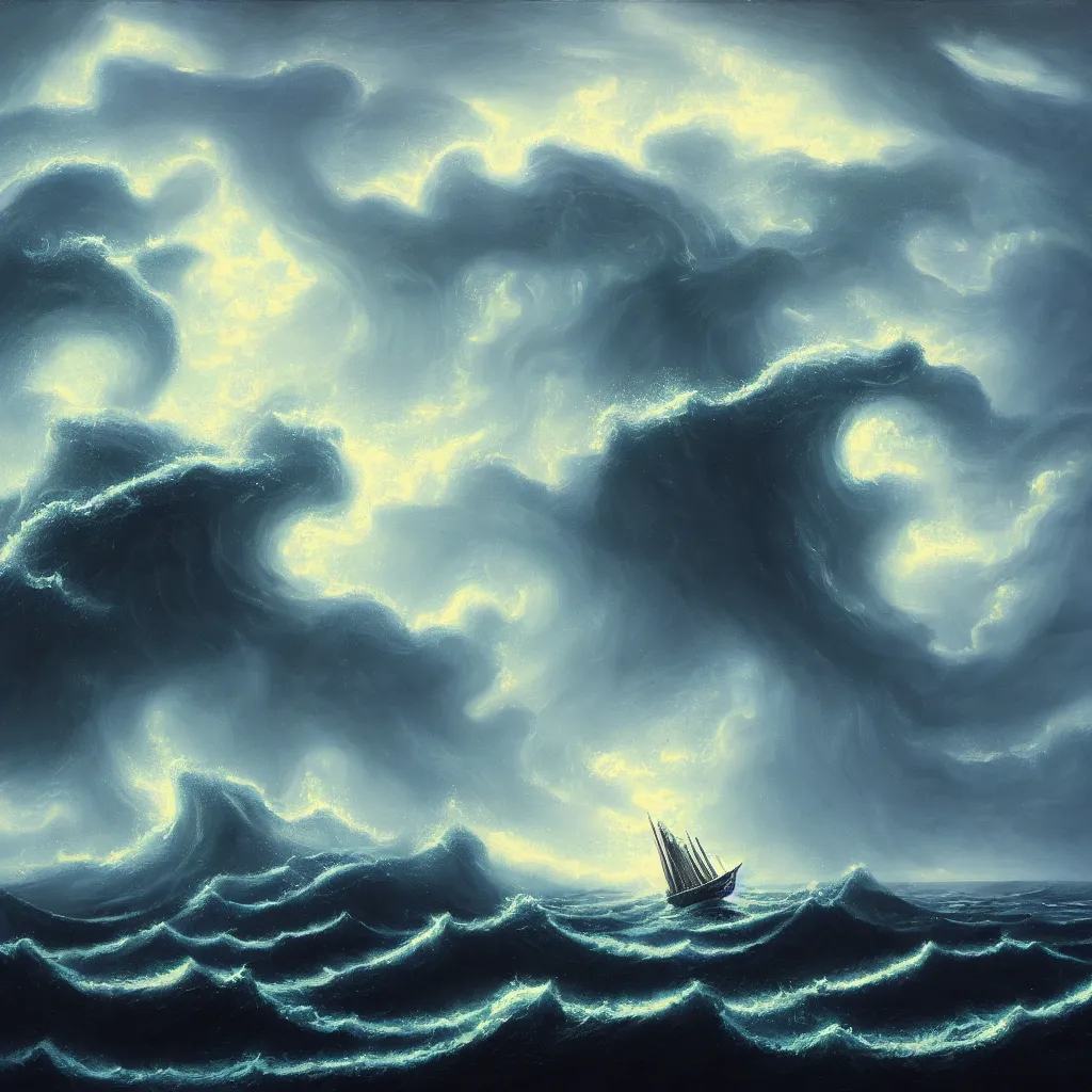 Image similar to a fantasy landscape. subject : giant dark kraken, stormy sea with a small boat, giant waves, lightning in the background, oil painting, 4 k