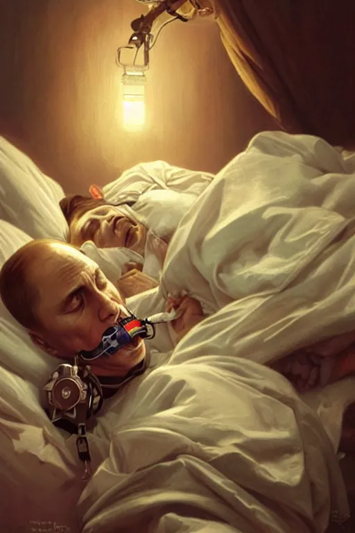 Image similar to Putin sleeps with oxygen mask on a death bed, intricate, portrait, miserable, highly detailed, digital painting, artstation, concept art, smooth, sharp focus, illustration, cinematic lighting, art by artgerm and greg rutkowski and alphonse mucha