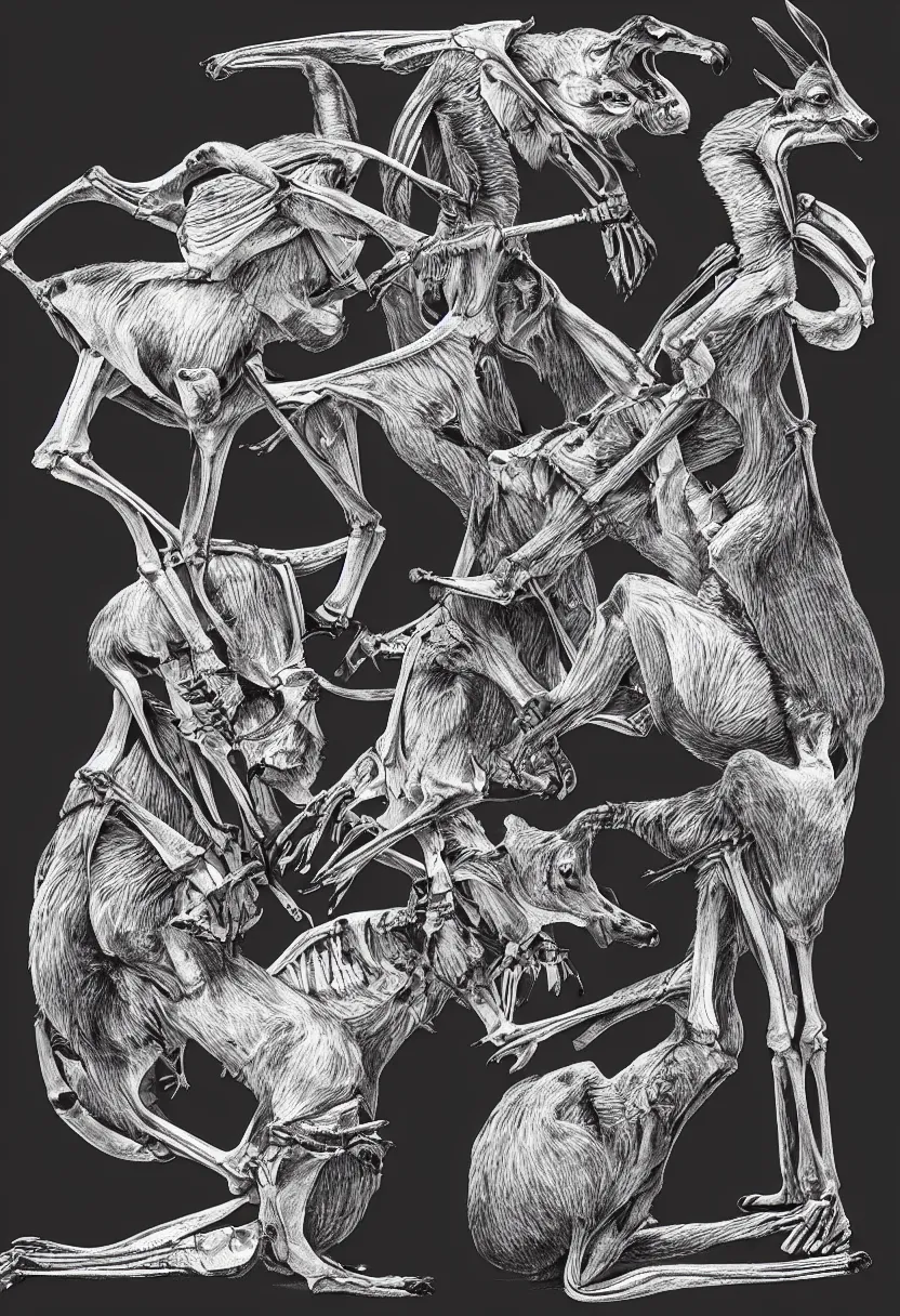 Image similar to pencil illustration of fight between two kangaroo skeletons, highly detailed, on black, silk screen t-shirt design 4K