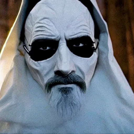 Image similar to Saruman wearing 3M Full Facepiece Respirator on top of his head like Walter White