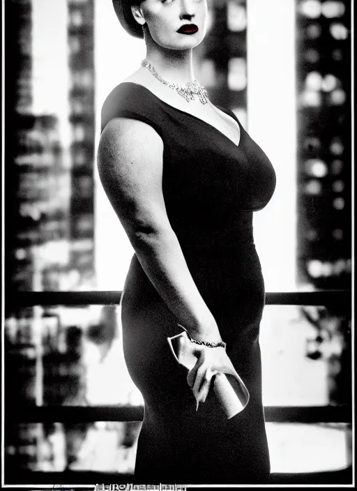 Prompt: a hyper realistic and detailed head portrait photography of a joan holloway, curvy, of mad men on madison avenue, new york city. by annie leibovitz. noir style. cinematic. neon lights glow in the background. ilford hp 5 4 0 0, canon eos c 3 0 0, ƒ 1. 8, 3 5 mm, 8 k, medium - format print