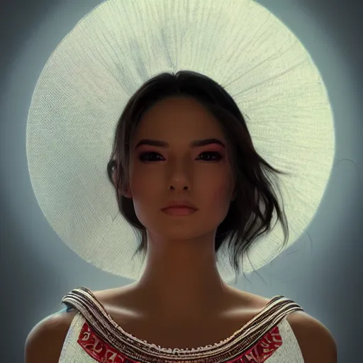 Prompt: beautiful Estefanía Villegas, perfect face and body, in detailed Colombian dress, smooth, sharp focus, illustration, realistic, cinematic, artstation, cinematic, award winning, original modern artwork, rgb ethereal lighting,8k