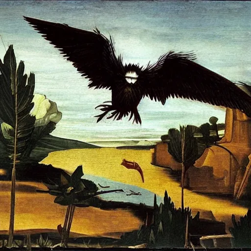 Prompt: Zapdos flying above a lake painted by Caravaggio. High quality.