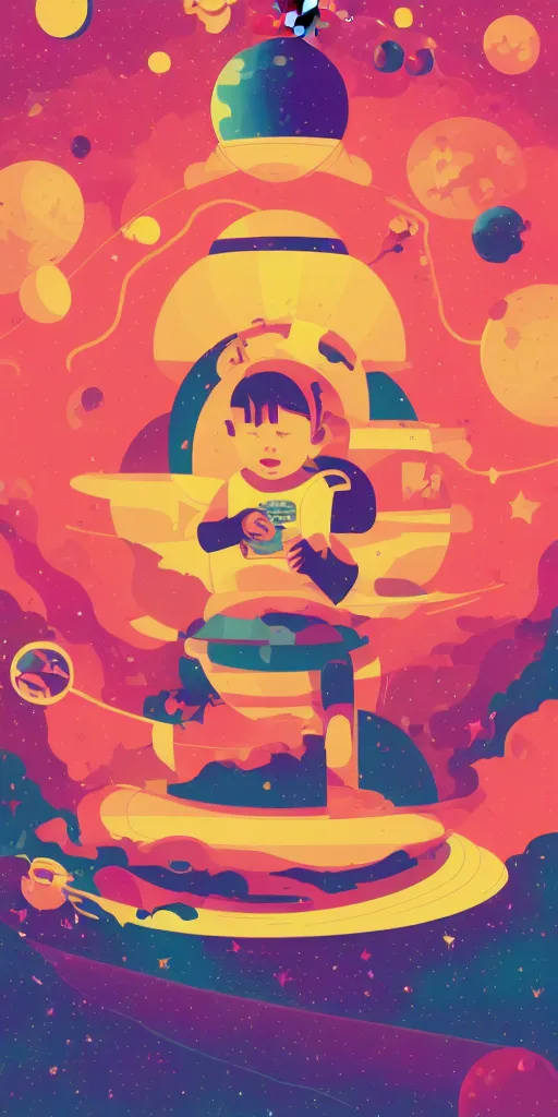 Prompt: lonley baby in middle of space surrounded by colorful stars planets and galaxies, tom whalen, james gilleard, liam brazier, tristan eaton
