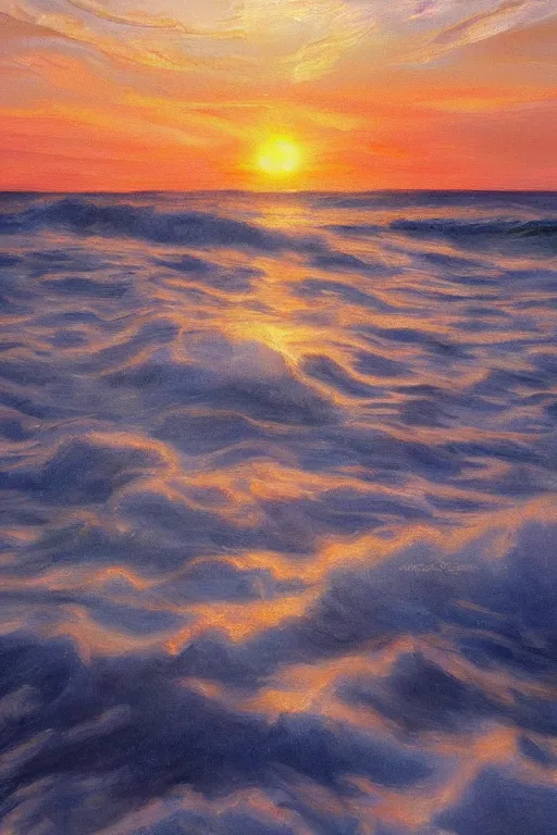 Prompt: beautiful sunrise over the ocean, shoreline sand, clear sharp oil paint highly detailed ethereal, by trending on artstation