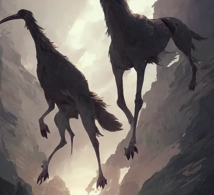 Prompt: a new animal inspired by horse and shoebill, digital art made by makoto shinkai, lois van baarle, greg rutkowski and jakub rebelka, highly detailed, symmetrical, extremely coherent, smooth, shaped focus, dystopian background