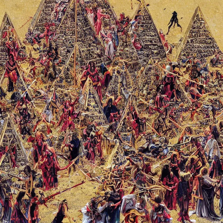 Image similar to pov of members of esoteric cult sacrificing humans next to inverted pyramids, 8mm hyper realistic and detailed, wear heavy red ornemental costumes and elongate gold masks and jewels