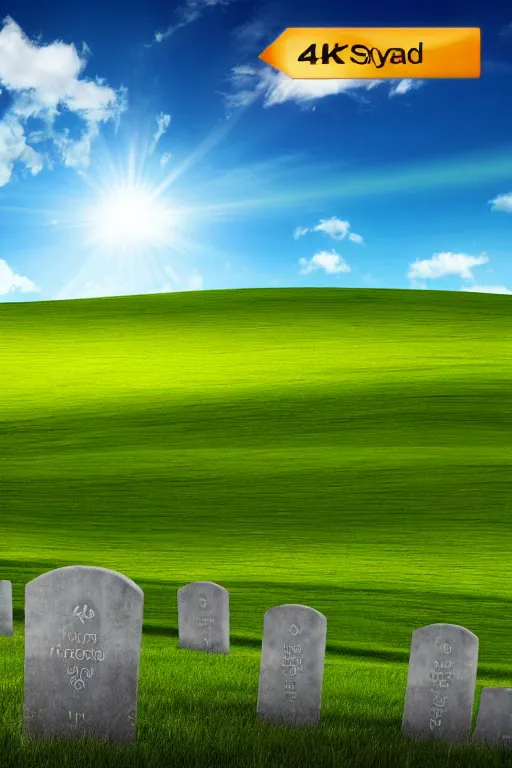 Image similar to realistic detailed, 4 k windows xp bliss hills screensaver with a graveyard, with many gravestones