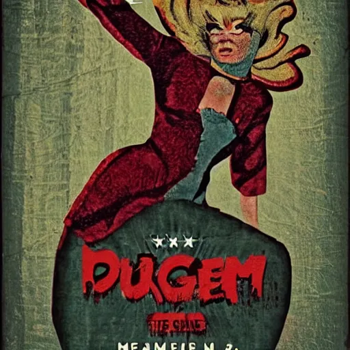 Prompt: poster art, movie poster, pulp horror, textured, paper texture. drag queens, medieval fantasy, 1 9 6 6