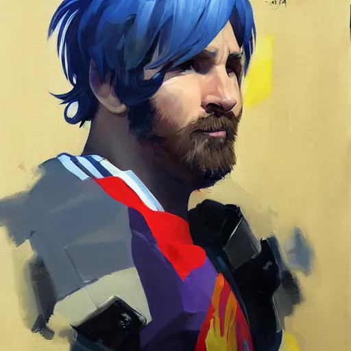 Image similar to greg manchess portrait painting of lionel messi as overwatch character, medium shot, asymmetrical, profile picture, organic painting, sunny day, matte painting, bold shapes, hard edges, street art, trending on artstation, by huang guangjian and gil elvgren and sachin teng