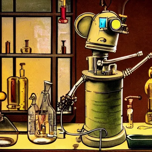 Image similar to a steampunk robot mouse performing a chemistry experiment at a lab bench, grimy, beakers are glowing, the lab is packed with equipment, renaissance painting, pastel colors