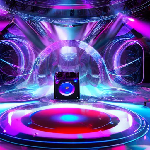 Prompt: hologram dj club stage from the future. alien dj turntables. gigantic speakers with lasers and lights. octane render 4k