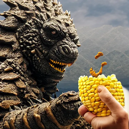 Image similar to Poop monster with corn in it, eating a cookie, godzilla, japan, movie set, 4k, HDR