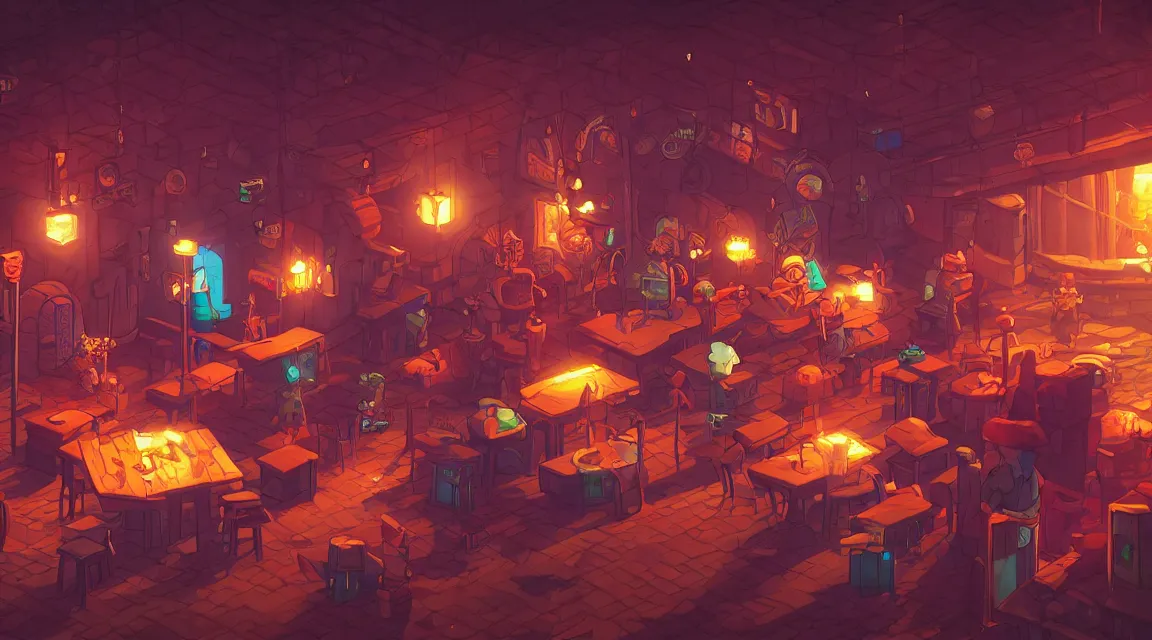 Image similar to A multidimensional cozy tavern, retro video game vibe, cinematic lighting, epic composition, cartoon, animation, background art, post processing, 8K resolution