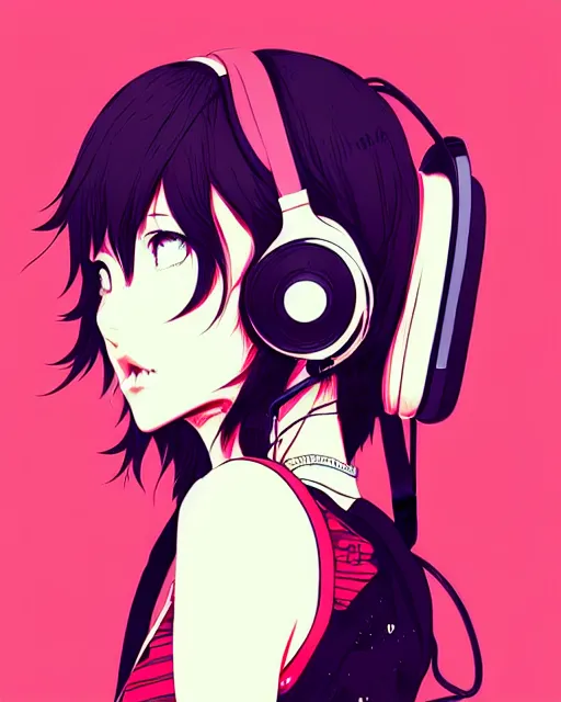 Image similar to girl wearing headphones, city background, very anime!!! anime!! intricate details, high contrast colors, poster background, art by conrad roset and ilya kuvshinov