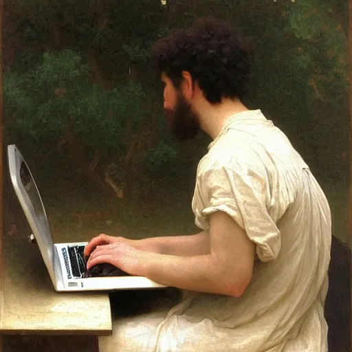 Image similar to an oil painting of an man playing a laptop, view from back, by Bouguereau, highly detailed and intricate,