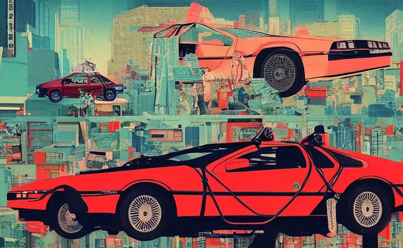 Prompt: a red delorean in ajegunle slum of lagos - nigeria, painting by hsiao - ron cheng, utagawa kunisada & salvador dali, magazine collage style,